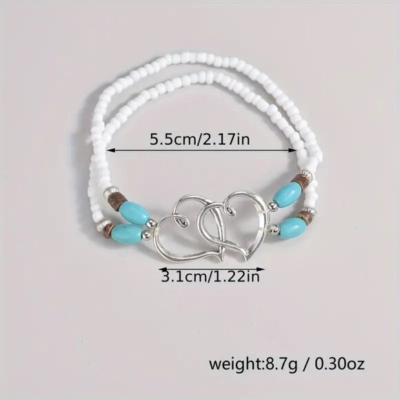 Double Heart Bracelet Layered Boho Hippie Beads Turquoise Stylish Love Vacation - Picture 4 of 4